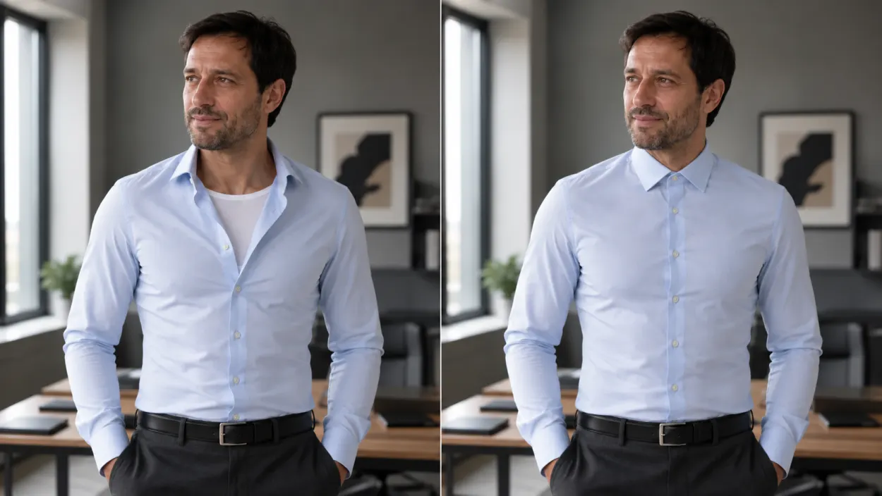 Camicia sbottonata con la Maglia 55 bianca sotto, e la stessa camicia abbottonata in cui non si vede nulla