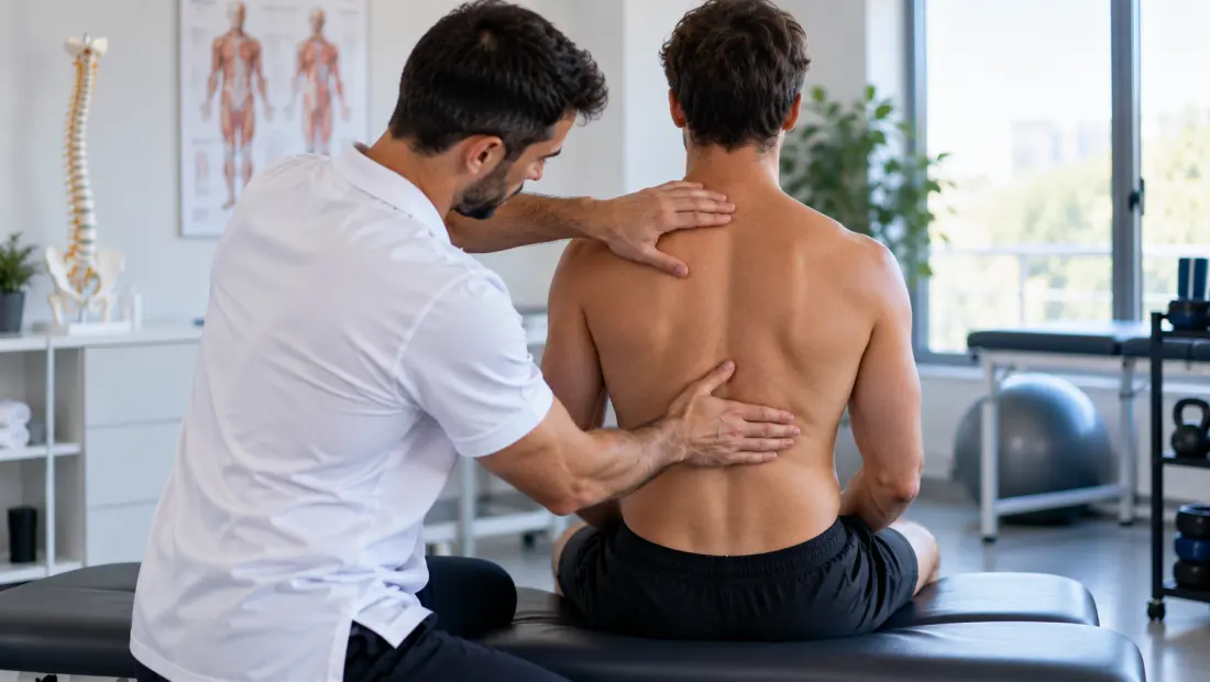 Seduta di fisioterapia: le mani del terapista sulla schiena di un uomo seduto sul lettino