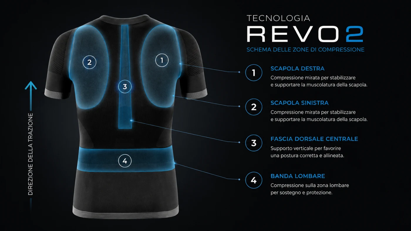 Schema della tecnologia REVO2: le quattro zone di compressione sul retro della maglia